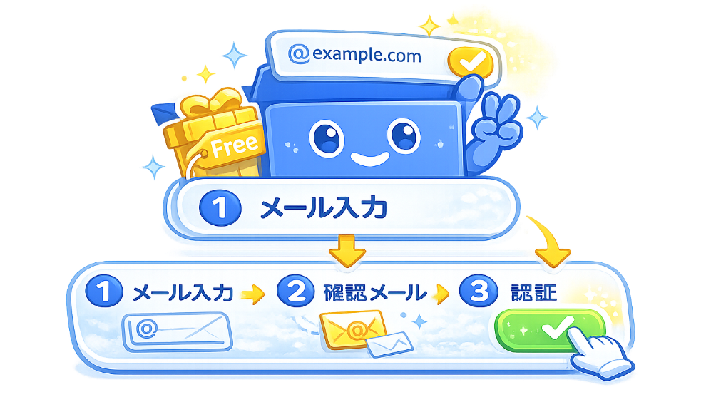 PikPakの新規登録・メール認証3ステップのイメージ